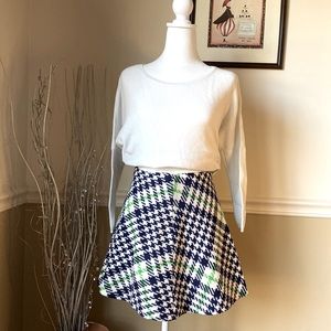 Wool Houndstooth Black Green Blue Plaid Skirt